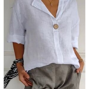 White Linen Button-Up Women's Top
